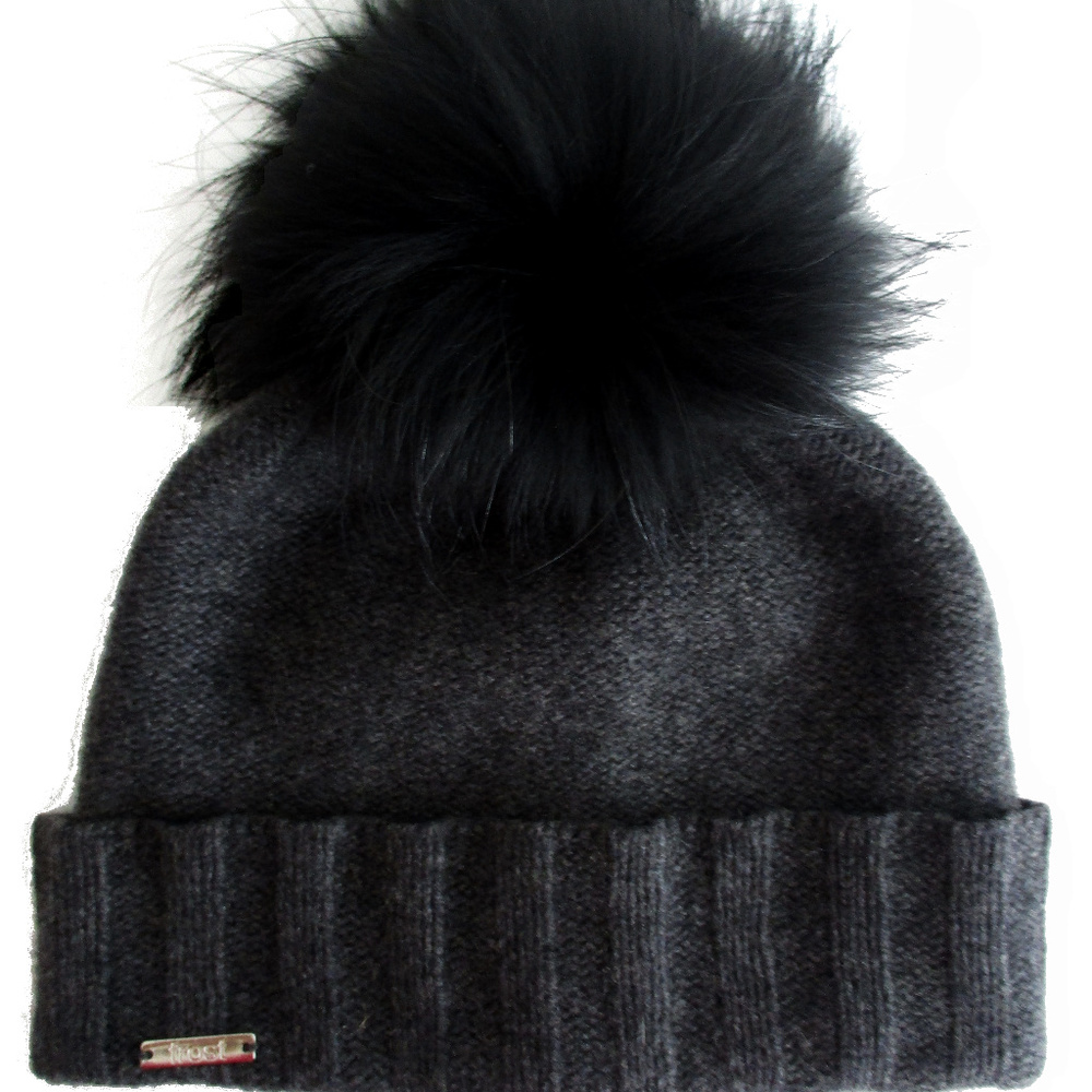 95% Cashmere 5% Merino Wool Hat with Raccoon Pom